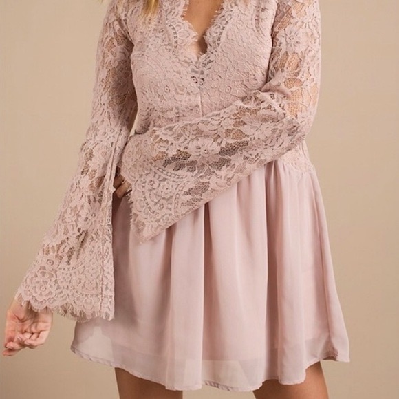 TOBI Blush Pink Nude Lace Scallop Plunge Chiffon Mini Dress Bell Sleeve … - Picture 3 of 16